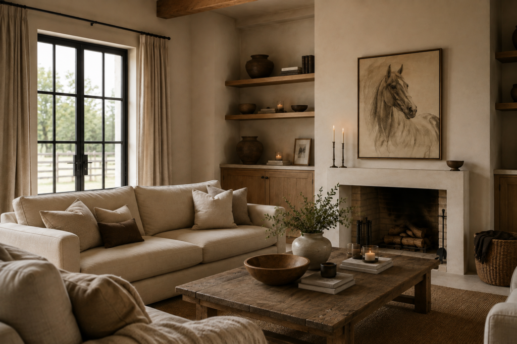 Landelijke woonkamer met raamdecoratie en persoonlijk interieuradvies van Horse and Home