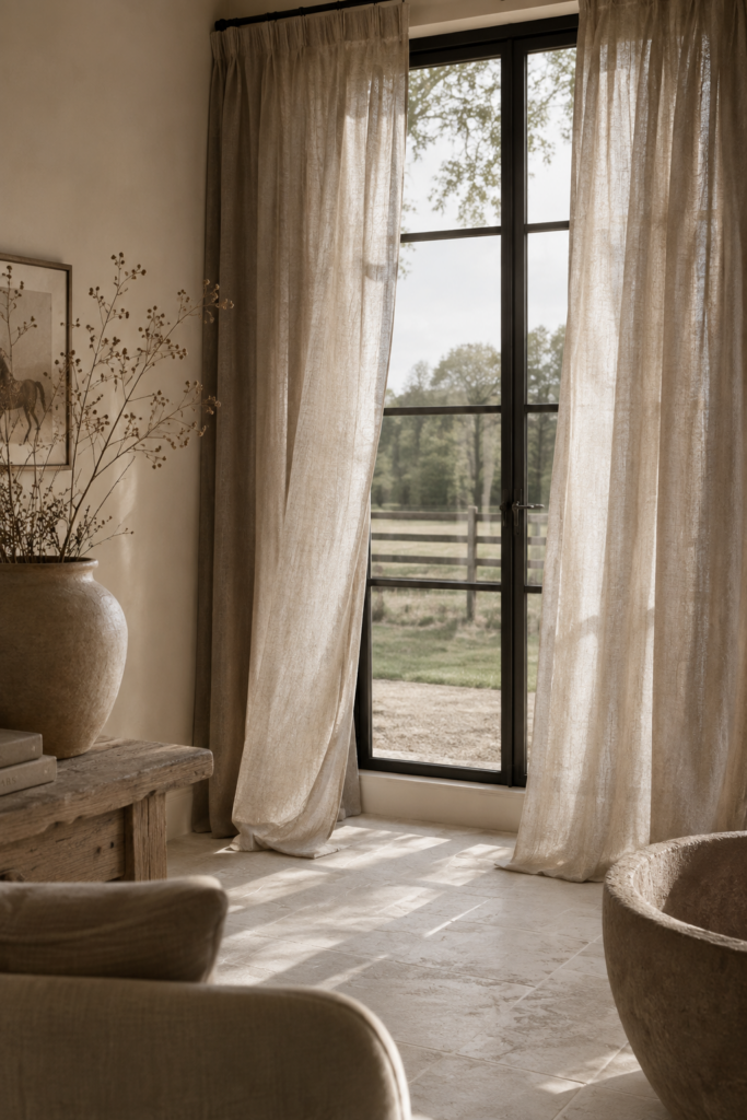 Raamdecoratie op maat in een rustige landelijke woonkamer